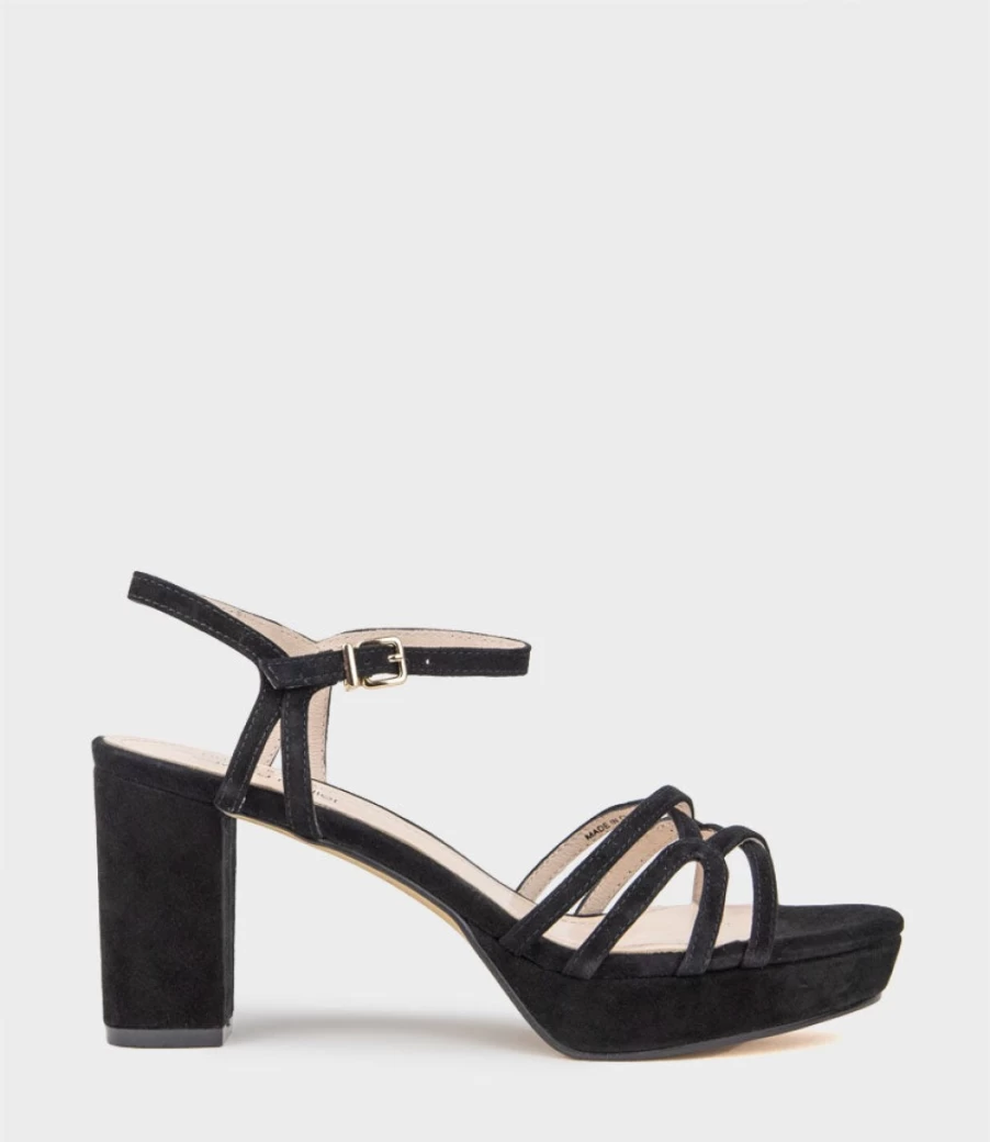 Edward Meller Women's Riva80 Multistrap Platform Sandals - Black Suede Strappy Heels