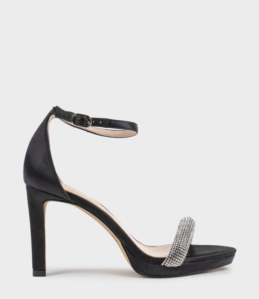 Edward Meller Women's Satina90 Black Satin Platform Sandal with Diamond Band