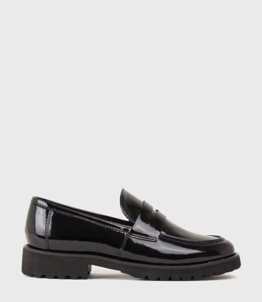 Edward Meller Women's Gentry Chunky Moccasin with Eva Sole in Black Patent Leather