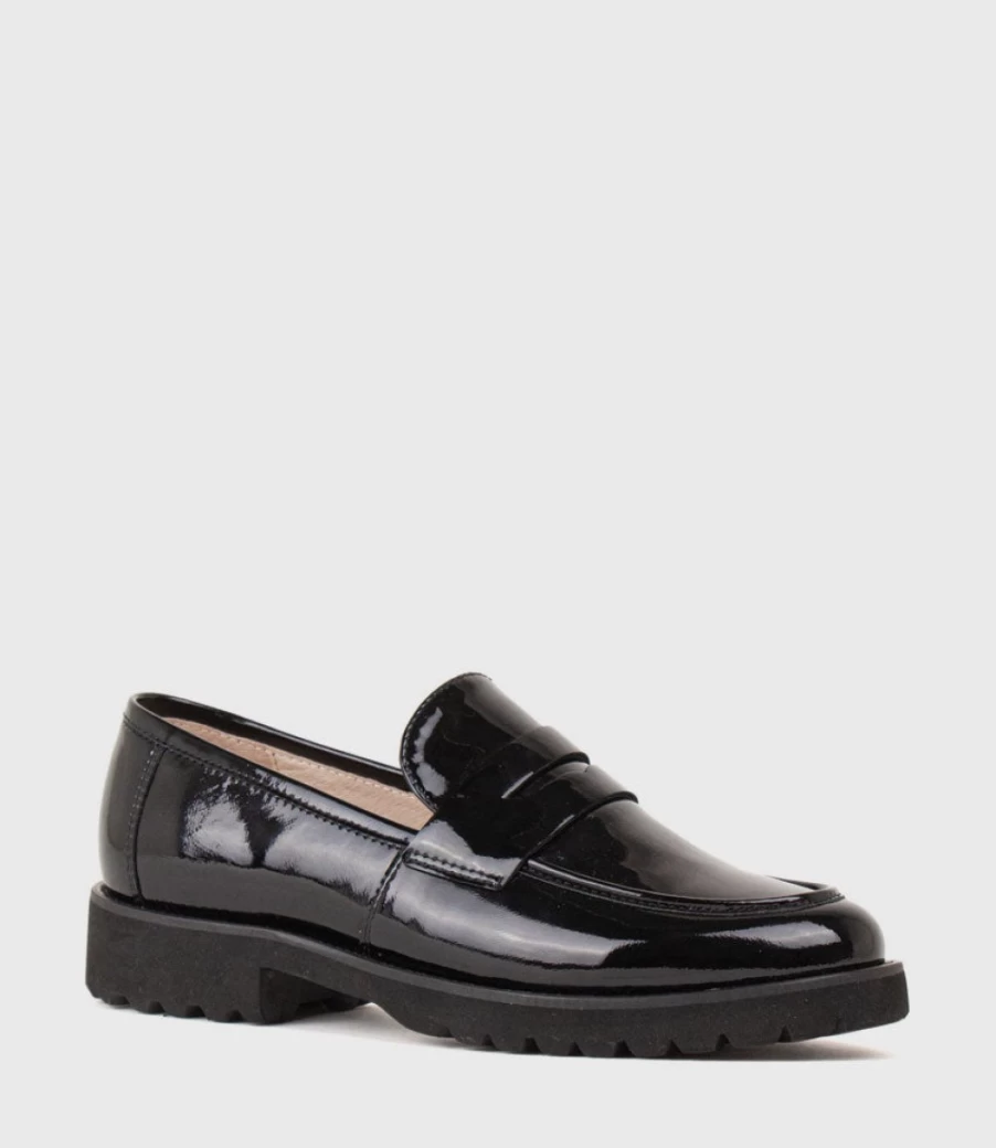 Edward Meller Women's Gentry Chunky Moccasin with Eva Sole in Black Patent Leather