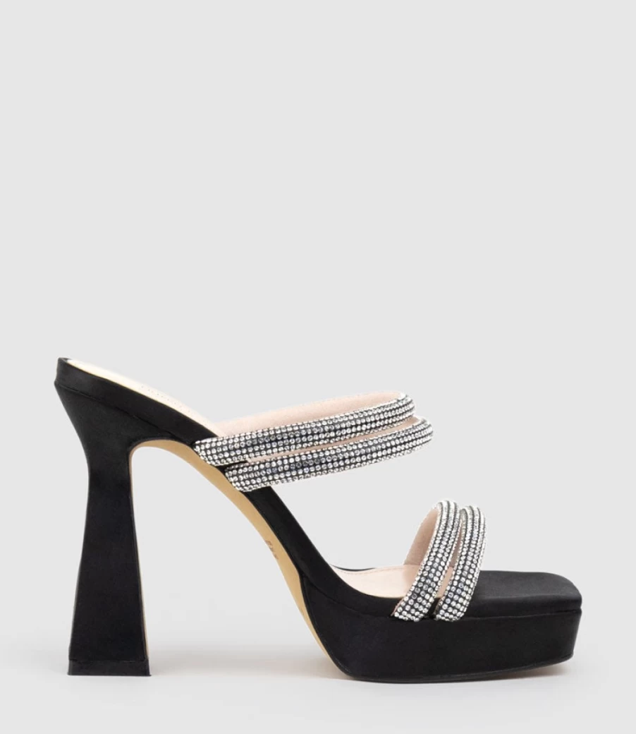 Edward Meller Women's Isla110 Diamante Multi-Band Platform Slide Sandals in Black Satin