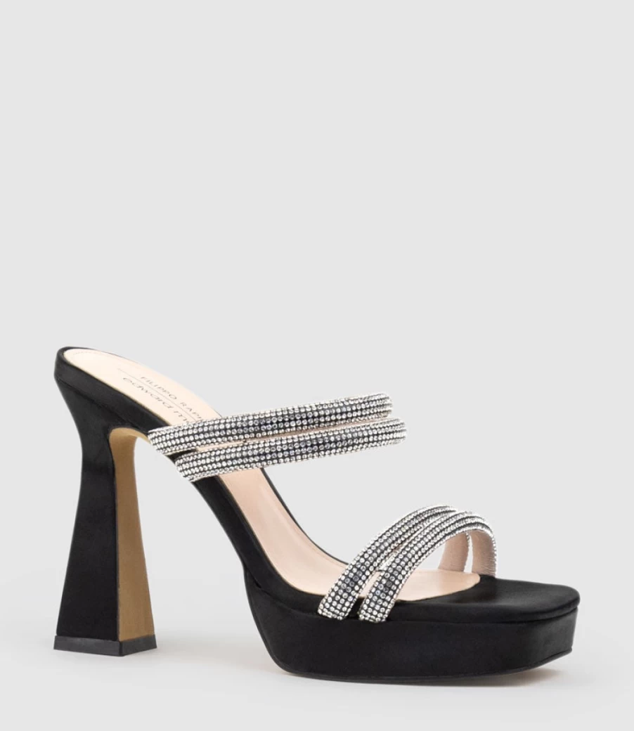 Edward Meller Women's Isla110 Diamante Multi-Band Platform Slide Sandals in Black Satin