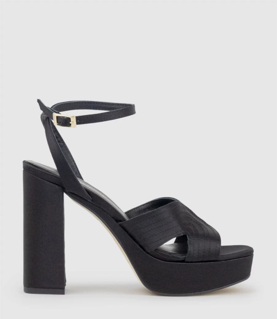 Edward Meller Women's Rosalia100 Black Satin Platform Sandal with Stitched Detail