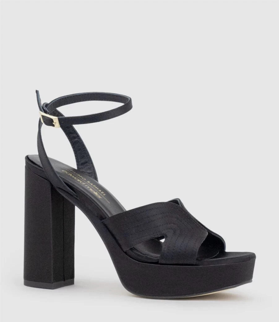 Edward Meller Women's Rosalia100 Black Satin Platform Sandal with Stitched Detail