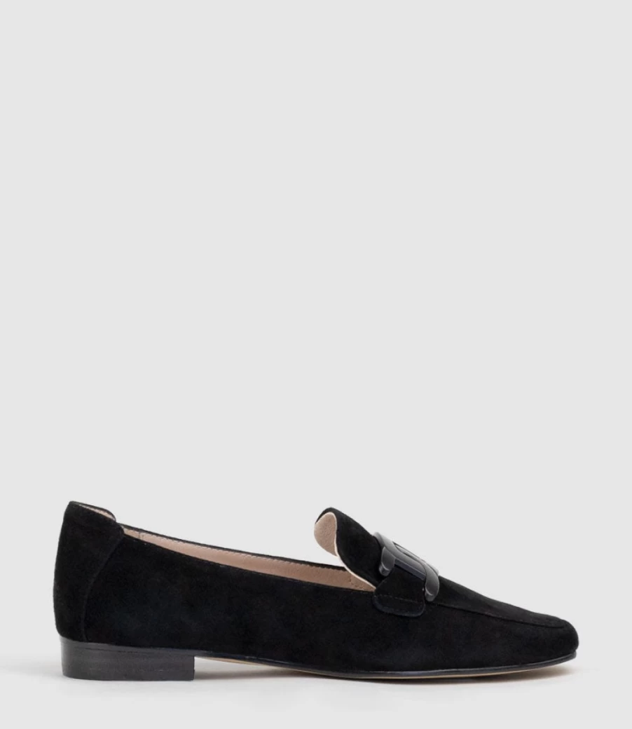 Edward Meller Women's Black Suede Moccasin with Tonal Hardware – Graded Comfort & Style