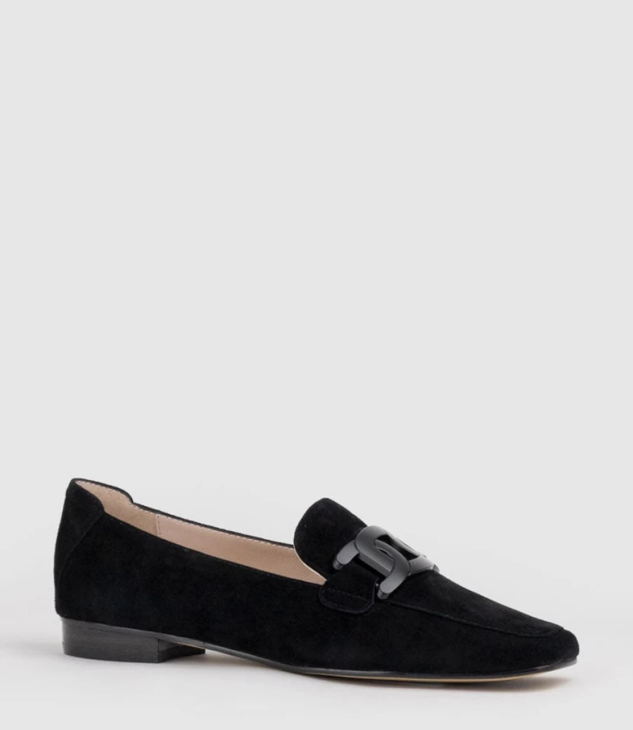 Edward Meller Women's Black Suede Moccasin with Tonal Hardware – Graded Comfort & Style