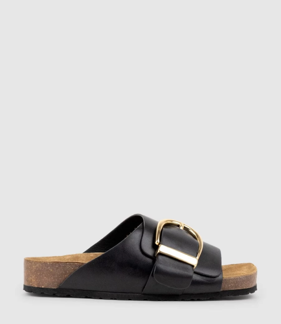 Edward Meller Women's Kakari Black Slide Sandals with Buckle Detail & Comfort Footbed