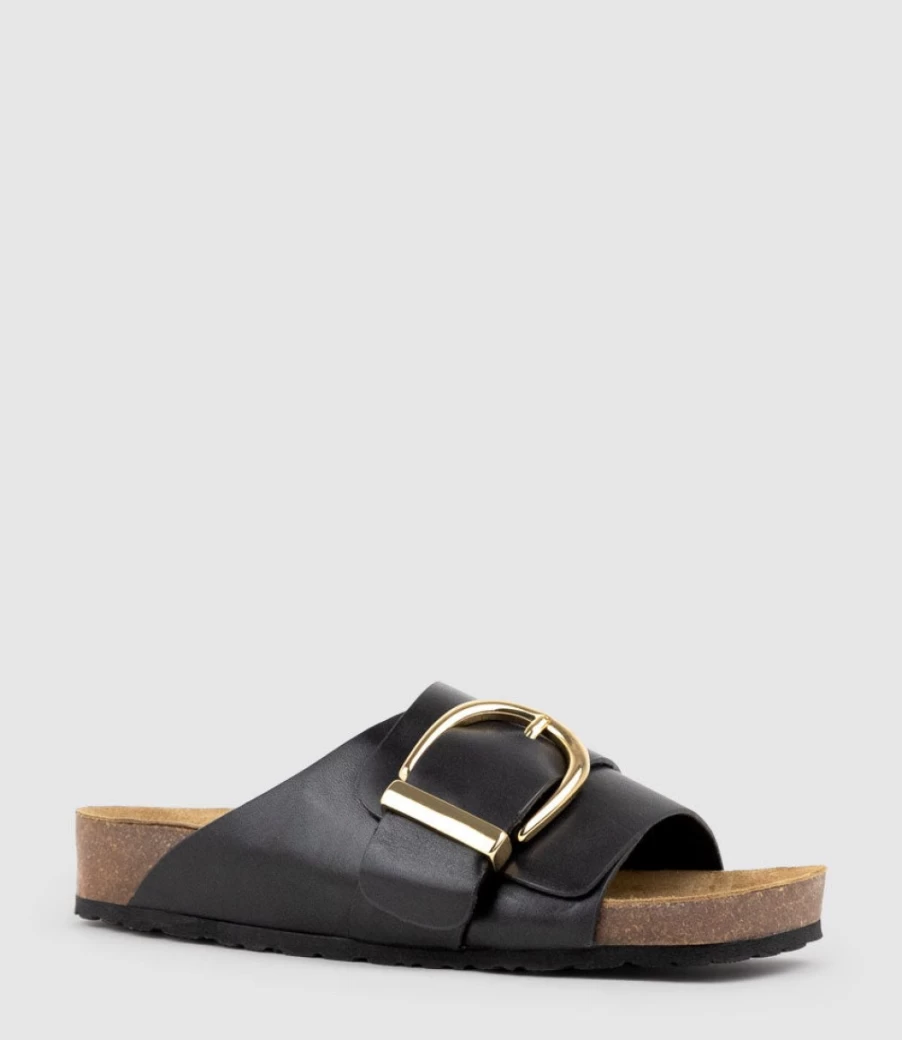 Edward Meller Women's Kakari Black Slide Sandals with Buckle Detail & Comfort Footbed