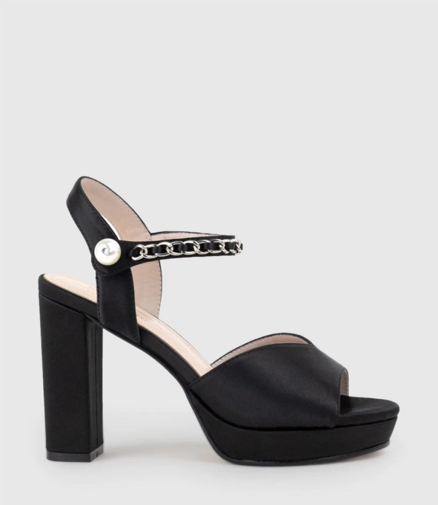 Edward Meller Women's Regan100 Black Satin Platform Sandal with Chain Detail