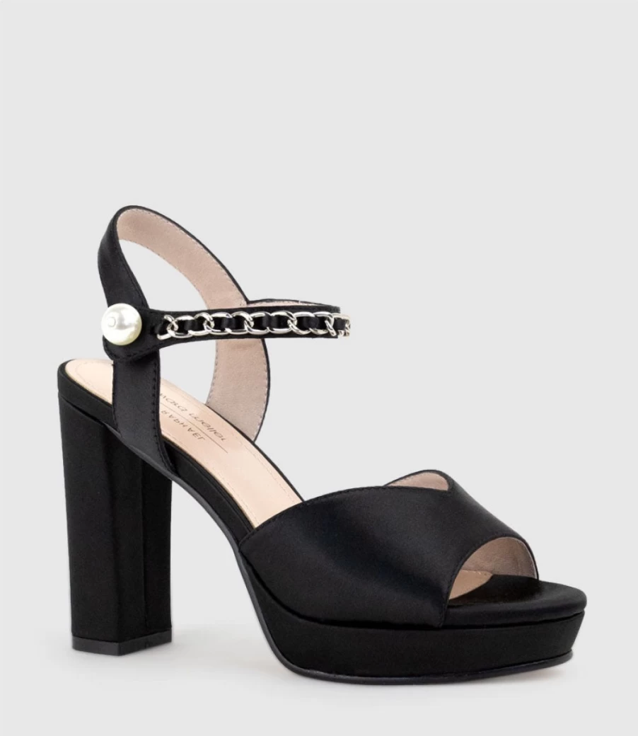 Edward Meller Women's Regan100 Black Satin Platform Sandal with Chain Detail
