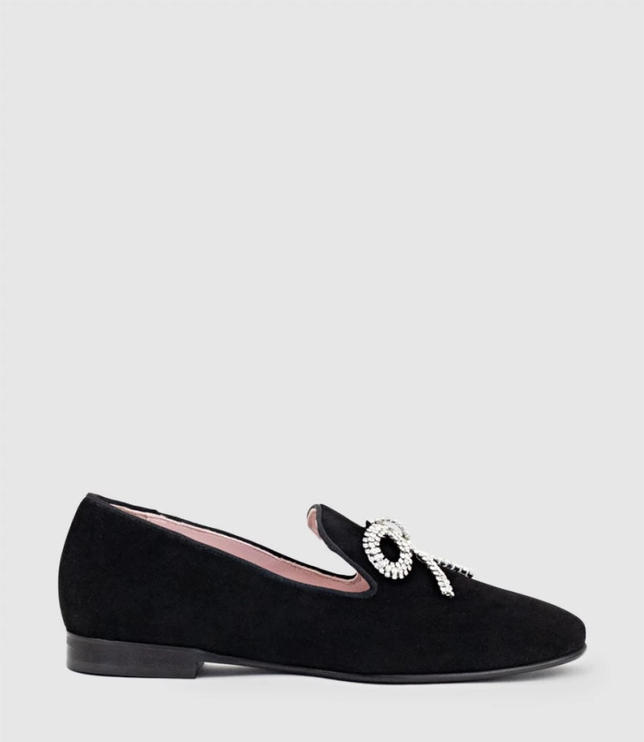 Edward Meller Women's Black Suede Slippers with Crystal Bow - Elegant Gabriel Design