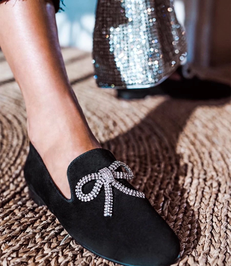 Edward Meller Women's Black Suede Slippers with Crystal Bow - Elegant Gabriel Design
