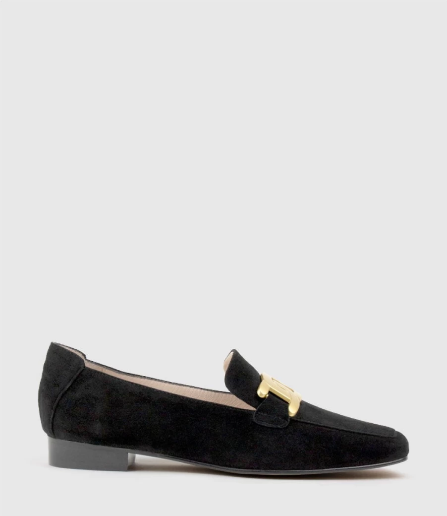 Edward Meller Women's Grady Black Suede Moccasin with Hardware