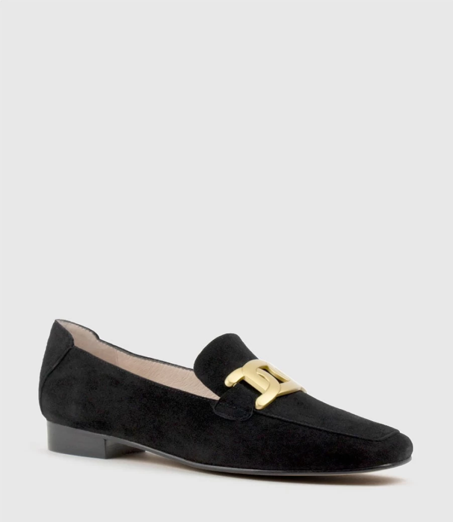 Edward Meller Women's Grady Black Suede Moccasin with Hardware