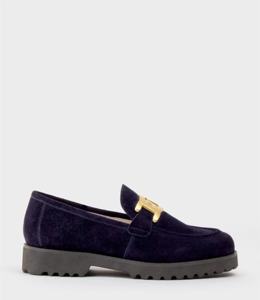 Edward Meller Women's Navy Suede Galad Moccasin with Hardware Detail