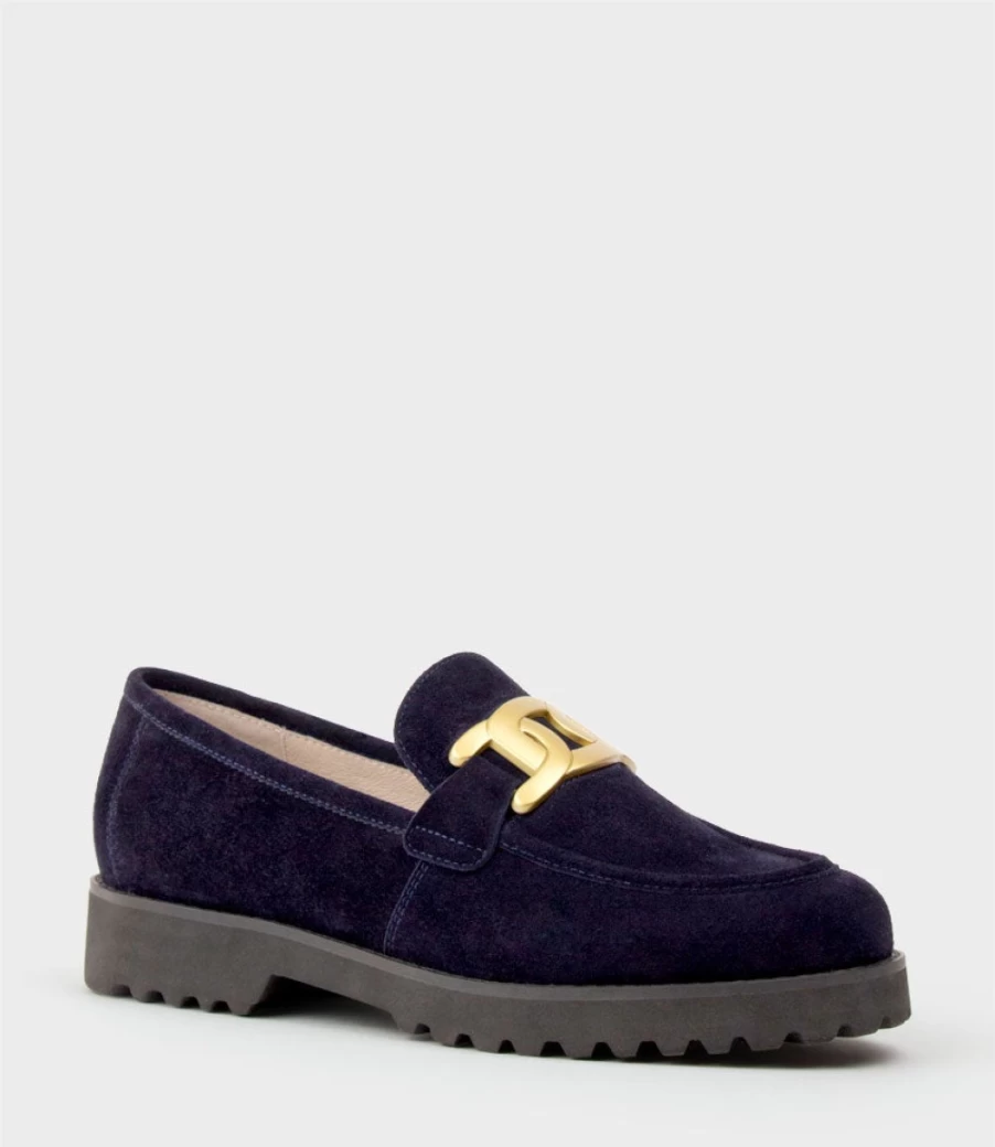 Edward Meller Women's Navy Suede Galad Moccasin with Hardware Detail