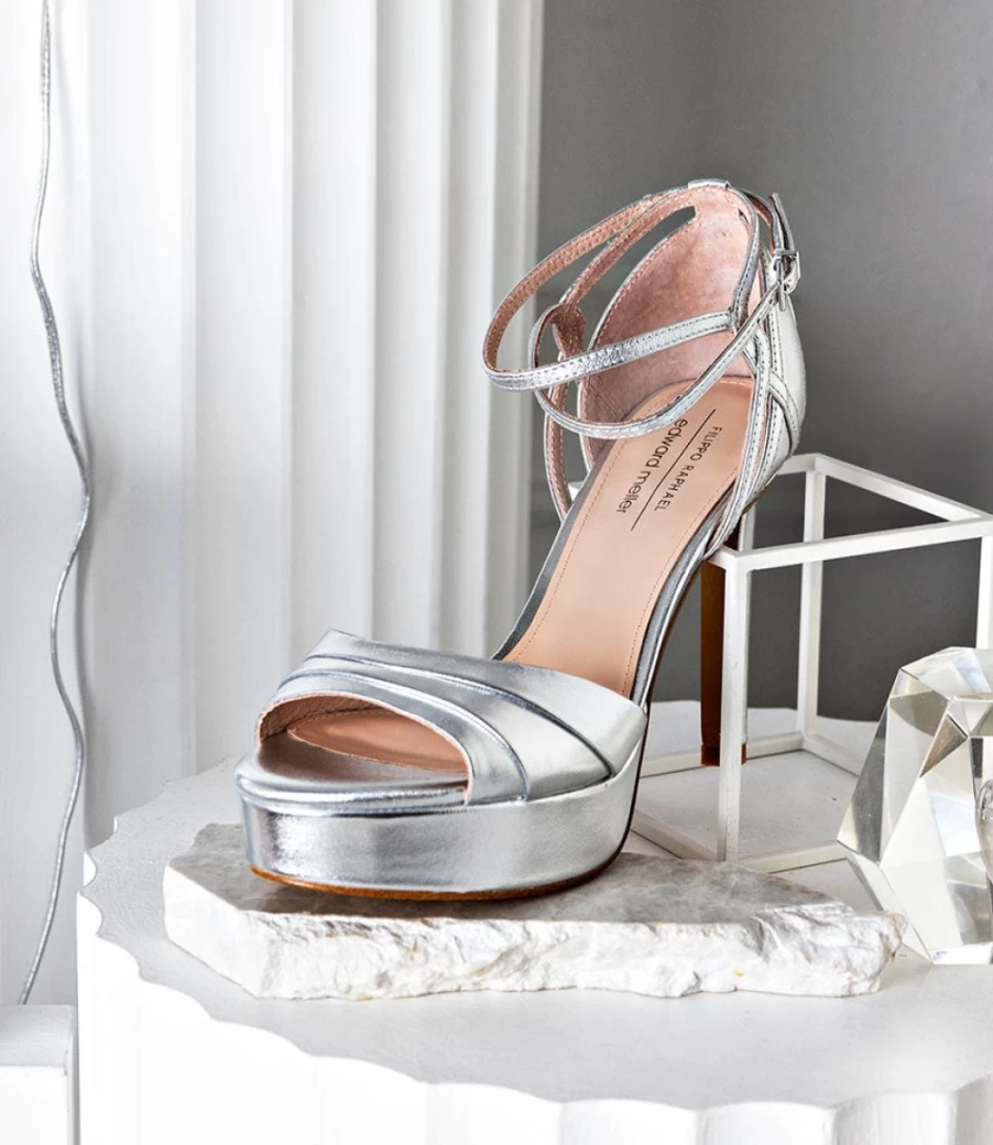 Edward Meller Women's Sirio110 Silver Ankle Wrap Platform Sandals