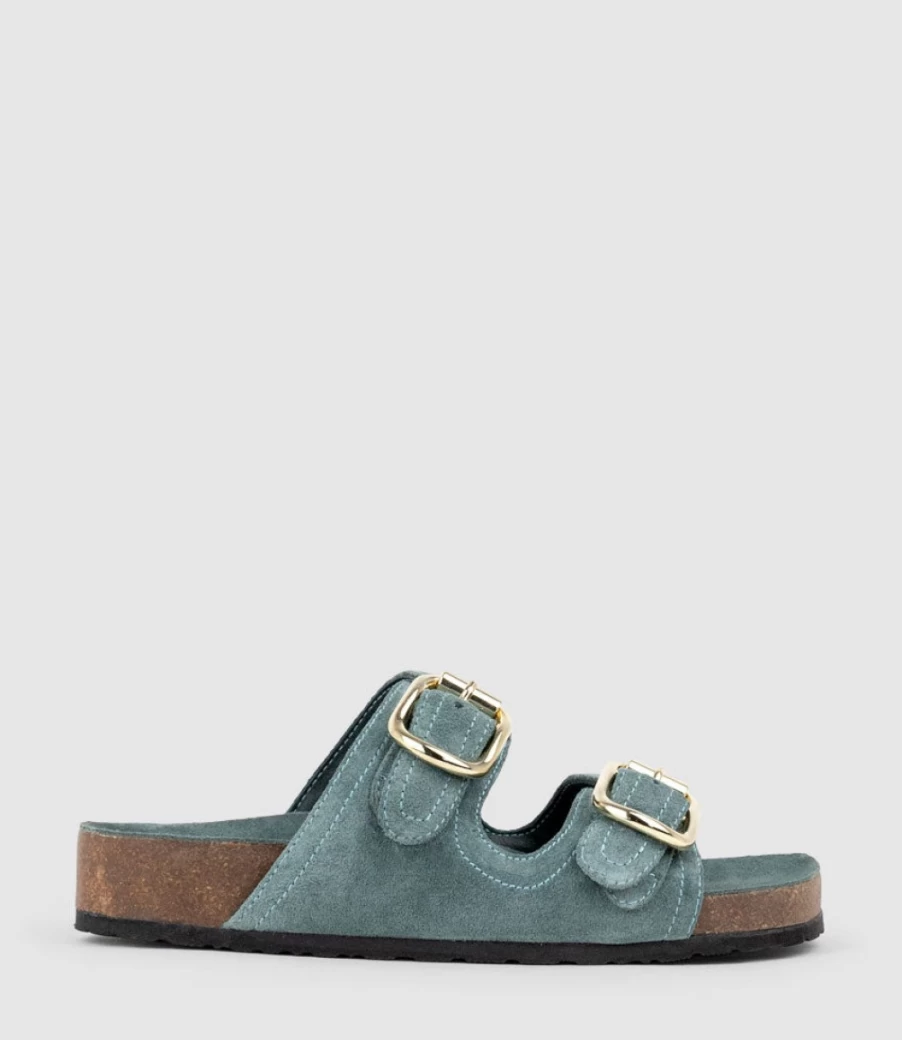 Edward Meller Women's Kori Two Strap Slide Sandals with Footbed in Green Suede