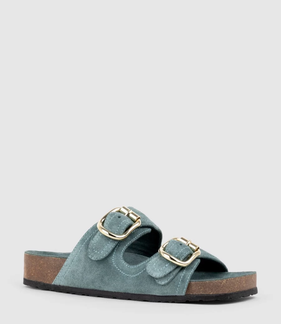 Edward Meller Women's Kori Two Strap Slide Sandals with Footbed in Green Suede
