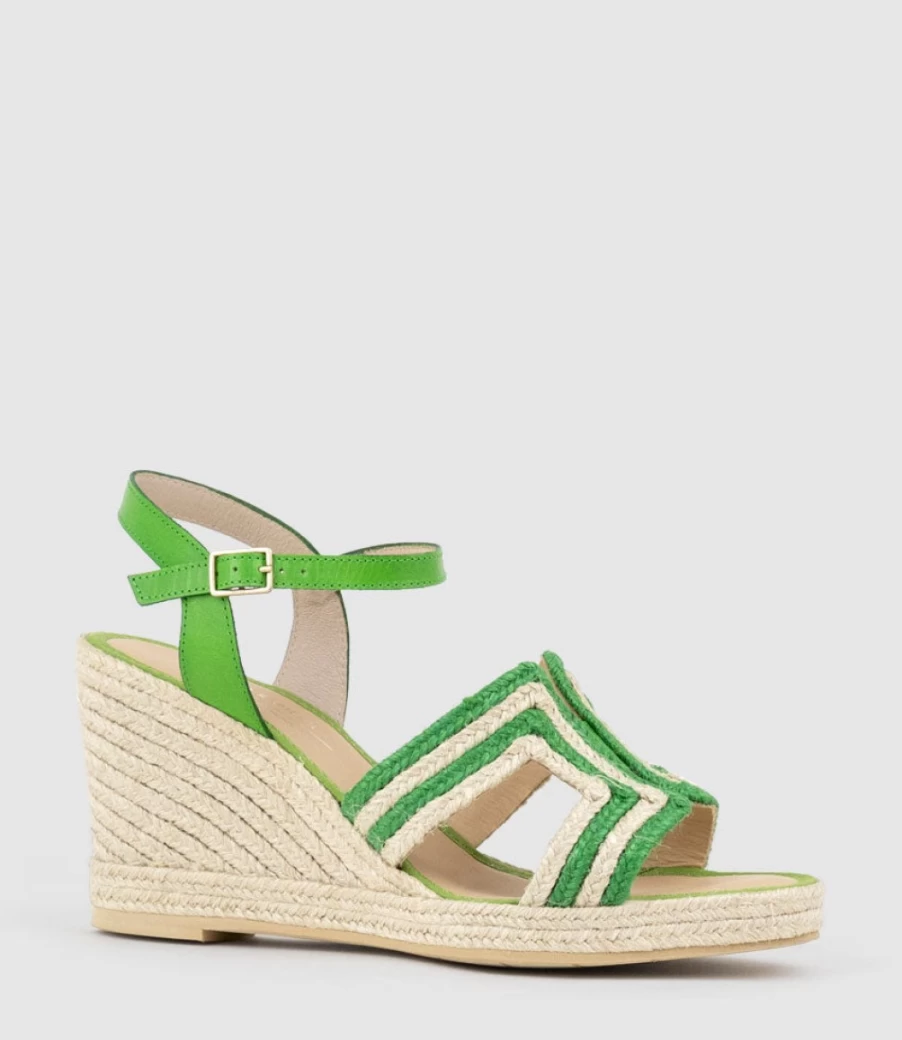 Edward Meller Women's Green Geometric Weave Espadrille Sandals - Motif High Wedge Summer Shoes
