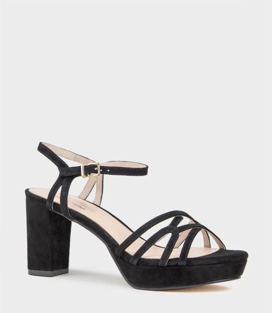 Edward Meller Women's Riva80 Multistrap Platform Sandal in Black Suede - Stylish & Comfortable Summer Footwear