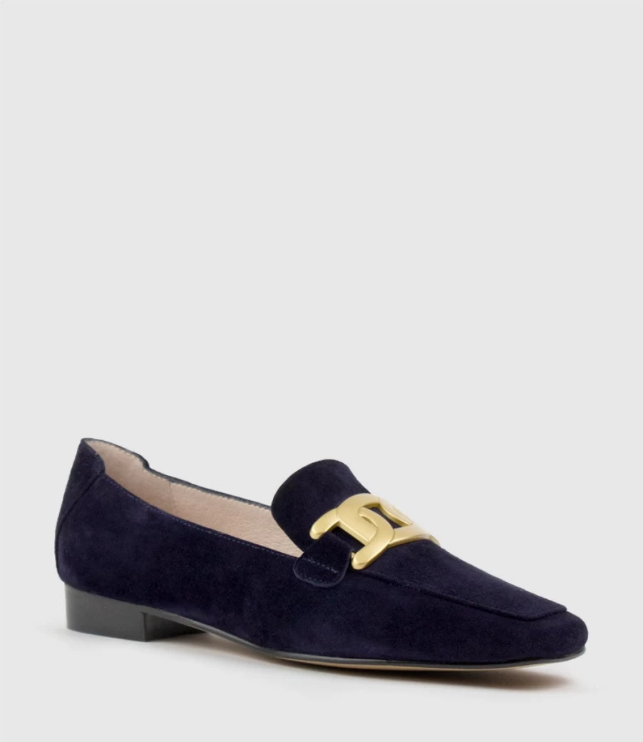Edward Meller Women's Grady Navy Suede Moccasin with Hardware - Stylish & Comfortable Loafers
