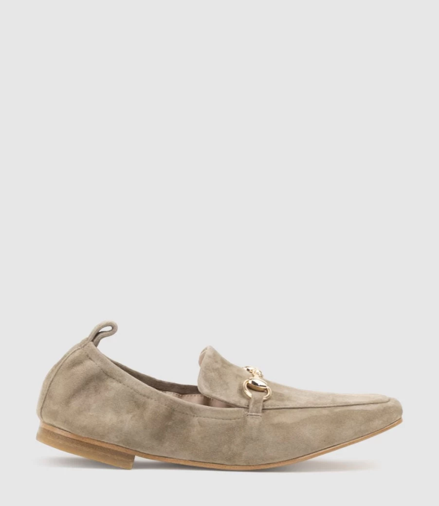 Edward Meller Women's Latte Suede Slippers with Elastic Back and Hardware Detail