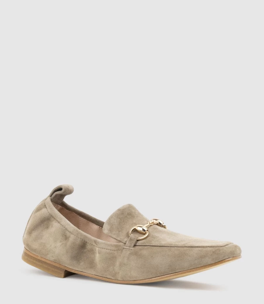 Edward Meller Women's Latte Suede Slippers with Elastic Back and Hardware Detail