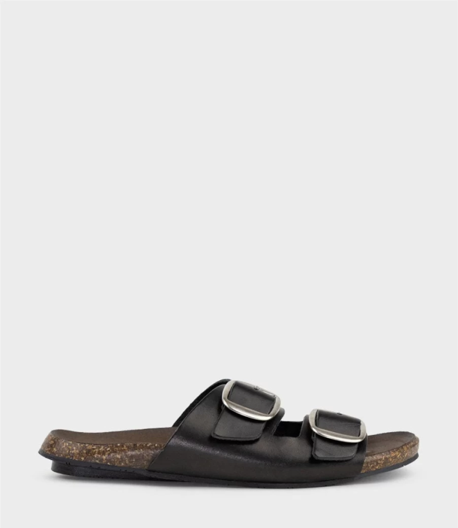 Edward Meller Women's Kamala Black Buckled Slide Sandals with Comfort Footbed