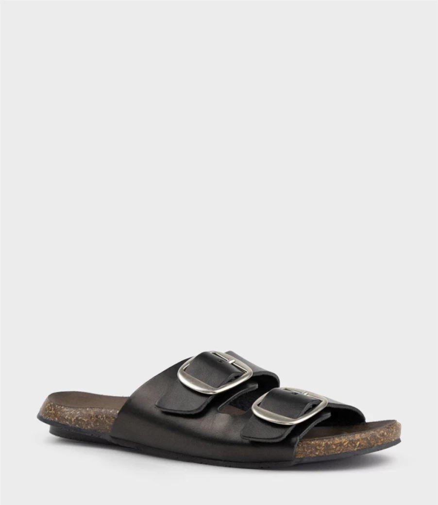 Edward Meller Women's Kamala Black Buckled Slide Sandals with Comfort Footbed