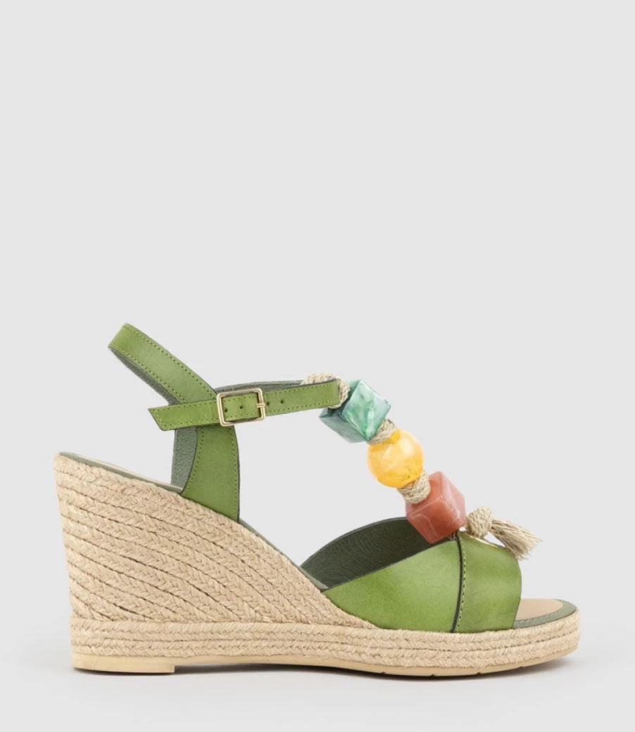 Edward Meller Women's Green Mille Bauble T-Bar High Heel Espadrille Sandals