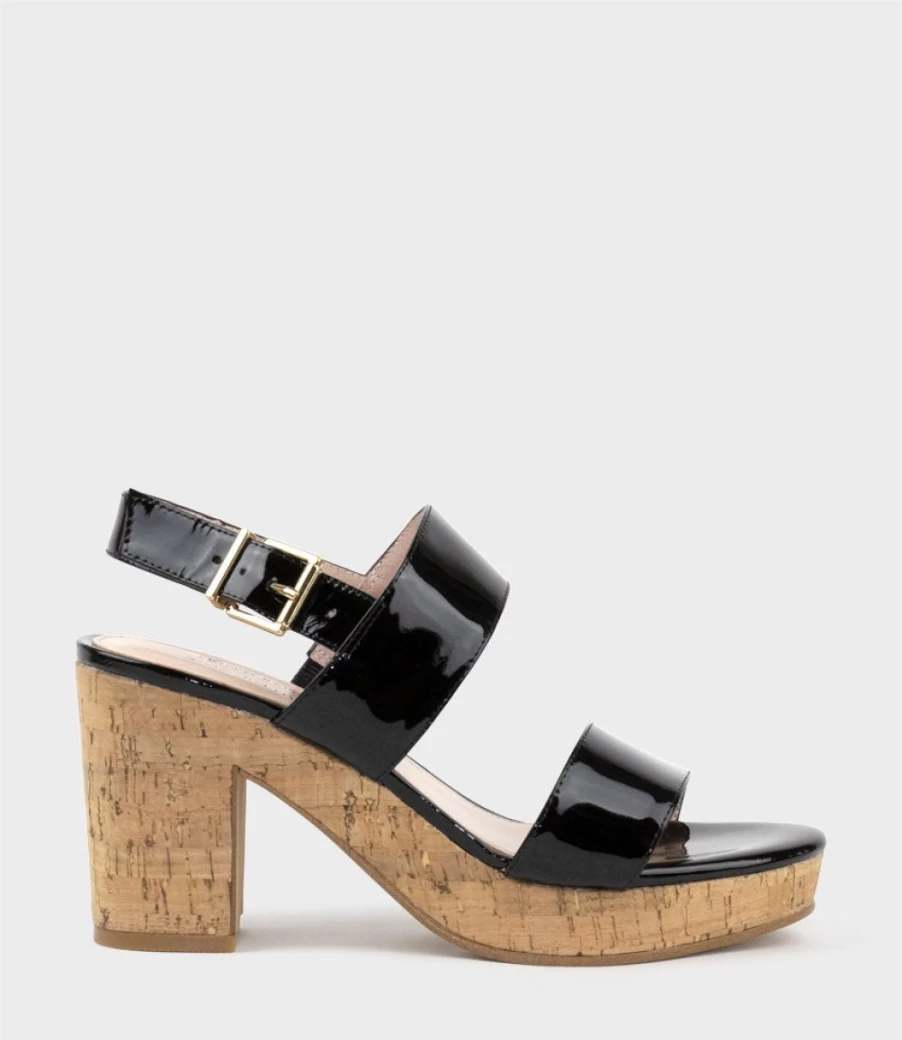 Edward Meller Women's Black Patent Cork Sandals with Dual Adjustable Straps