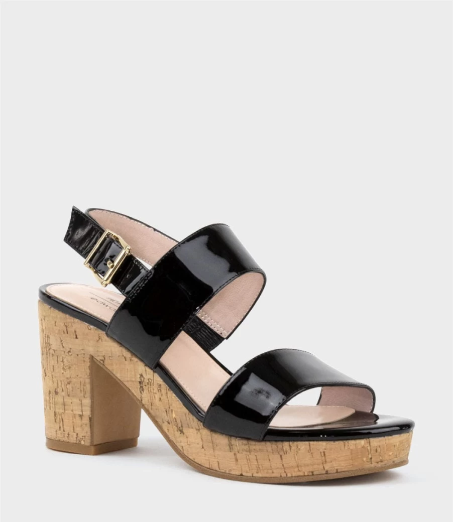 Edward Meller Women's Black Patent Cork Sandals with Dual Adjustable Straps