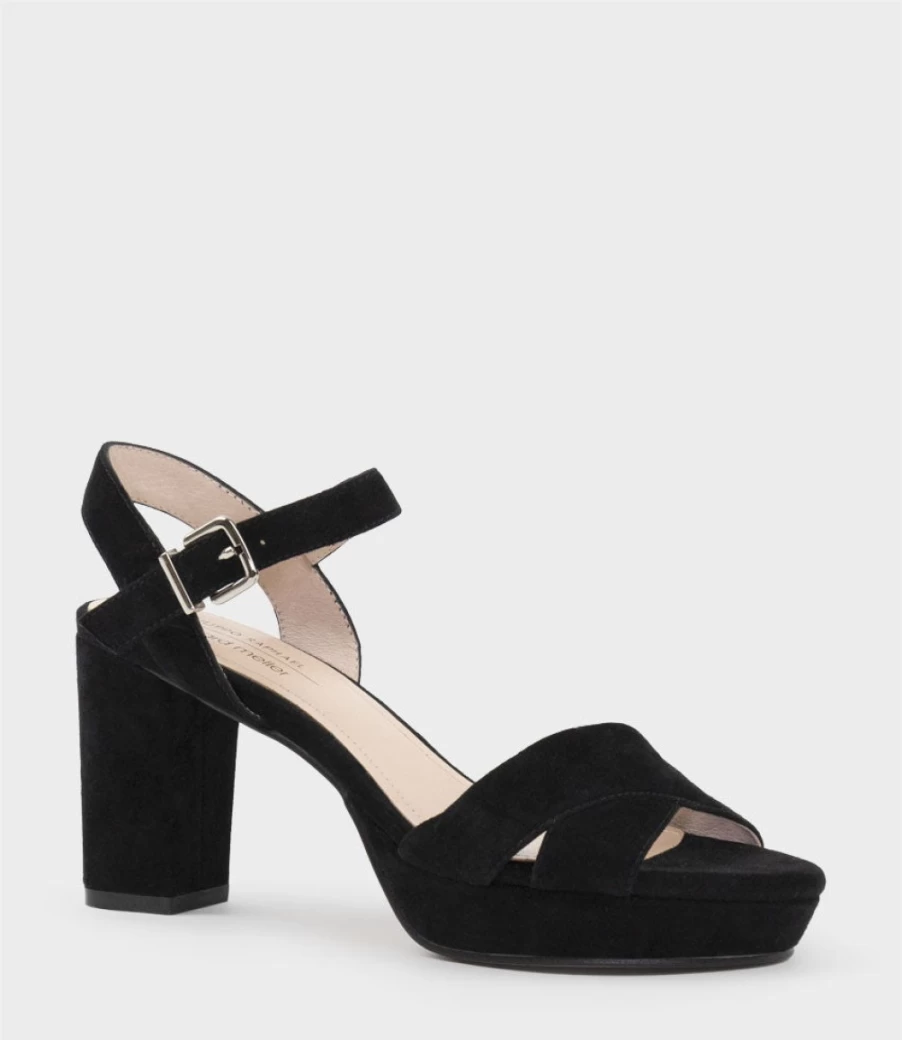Edward Meller Women's Rowan80 Black Suede Asymmetrical Platform Sandals