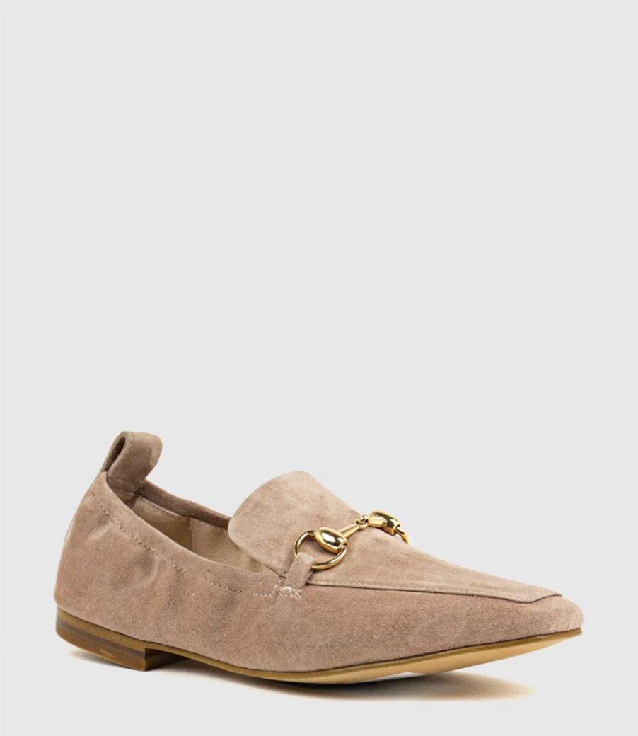 Edward Meller Women's Nude Suede Slippers with Elastic Back and Hardware Detail