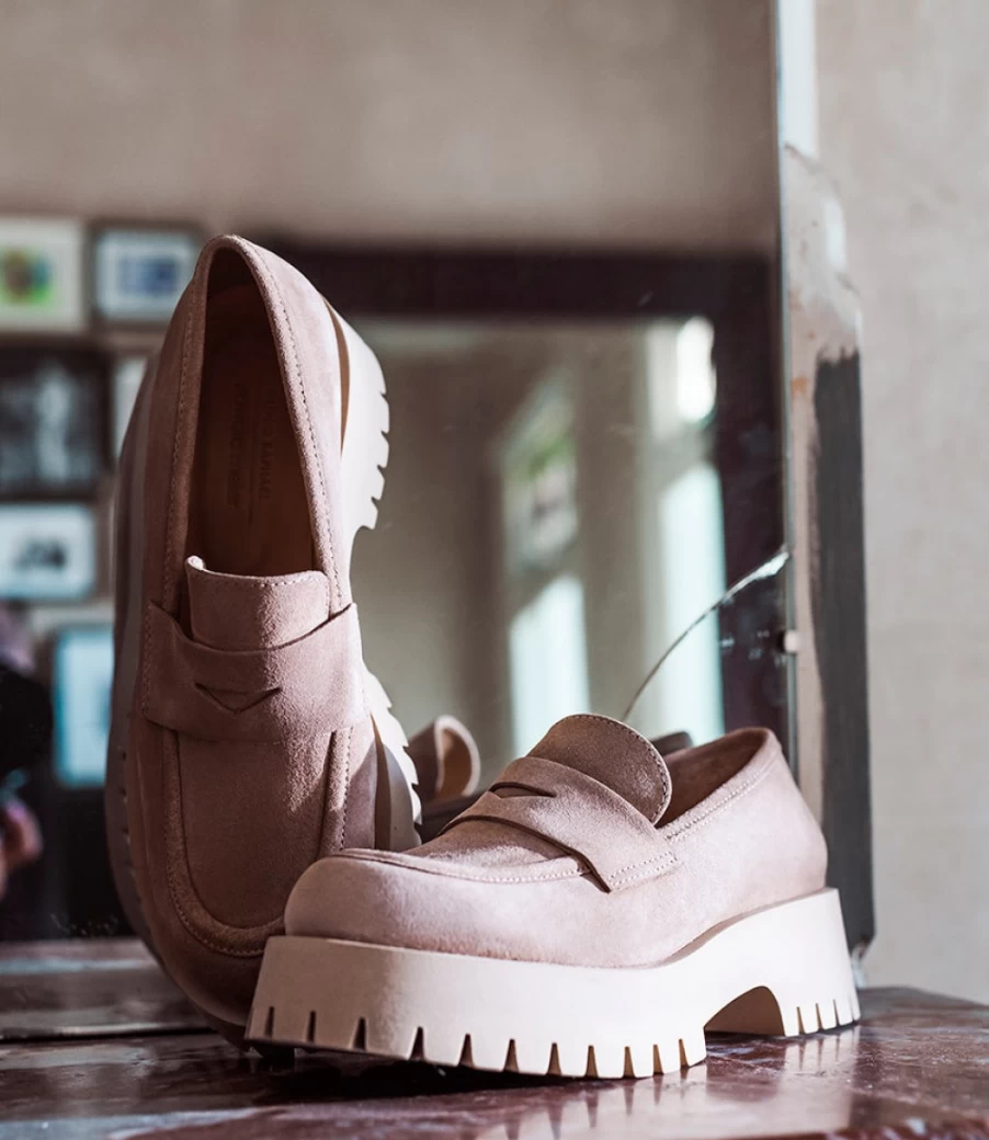 Edward Meller Women's Greville Loafer in Nude Suede with Lug Sole