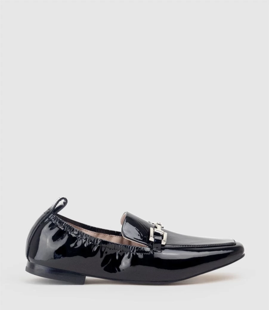 Edward Meller Women's Black Patent Elastic Back Slipper with Hardware Detail