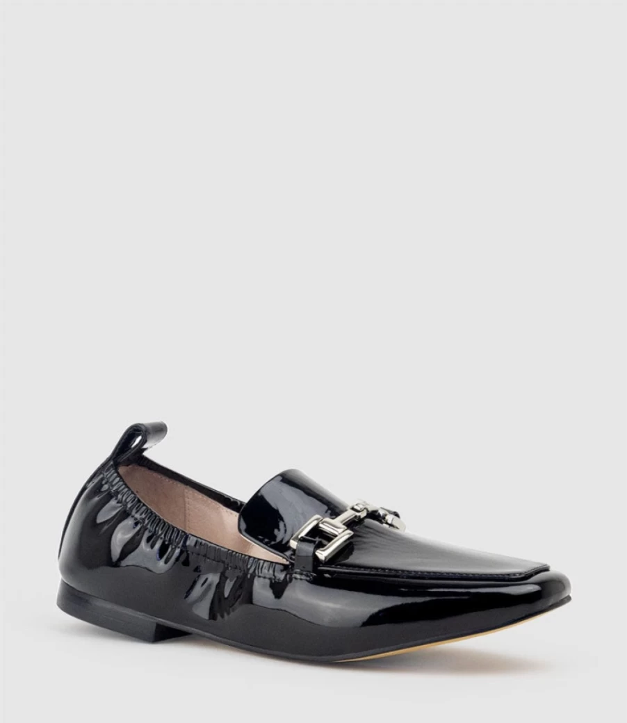 Edward Meller Women's Black Patent Elastic Back Slipper with Hardware Detail