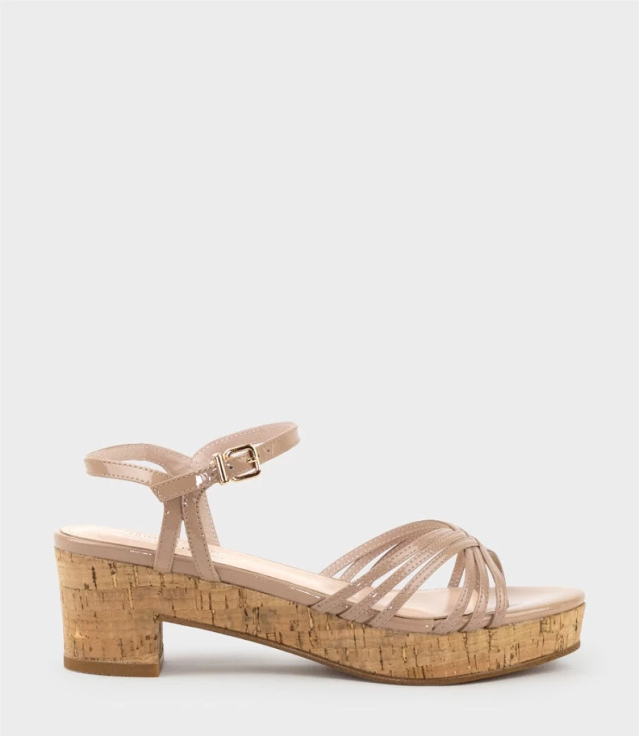 Edward Meller Women's Rania50 Multistrap Sandal in Nude Patent Leather with Cork Wedge Heel