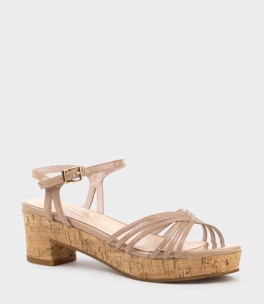 Edward Meller Women's Rania50 Multistrap Sandal in Nude Patent Leather with Cork Wedge Heel