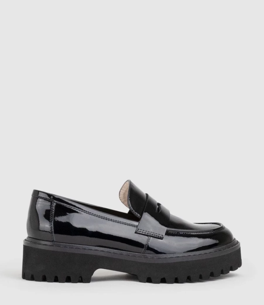 Edward Meller Women's Gillian Black Patent Leather Chunky Sole Moccasin Shoes