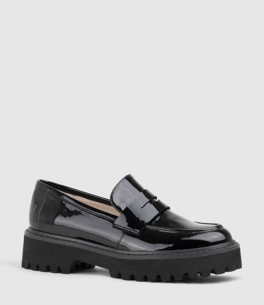 Edward Meller Women's Gillian Black Patent Leather Chunky Sole Moccasin Shoes