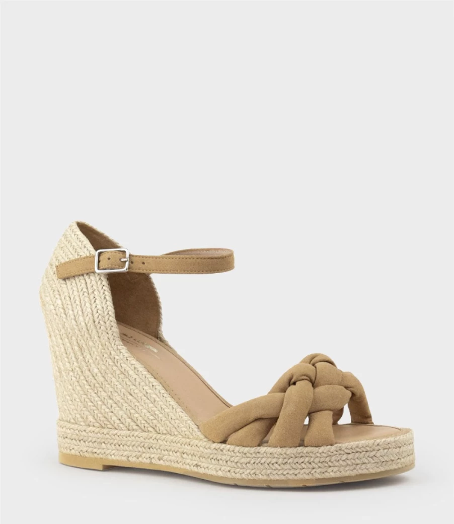 Edward Meller Women's Meena Tan Suede Braided Front Strap Espadrille Sandals