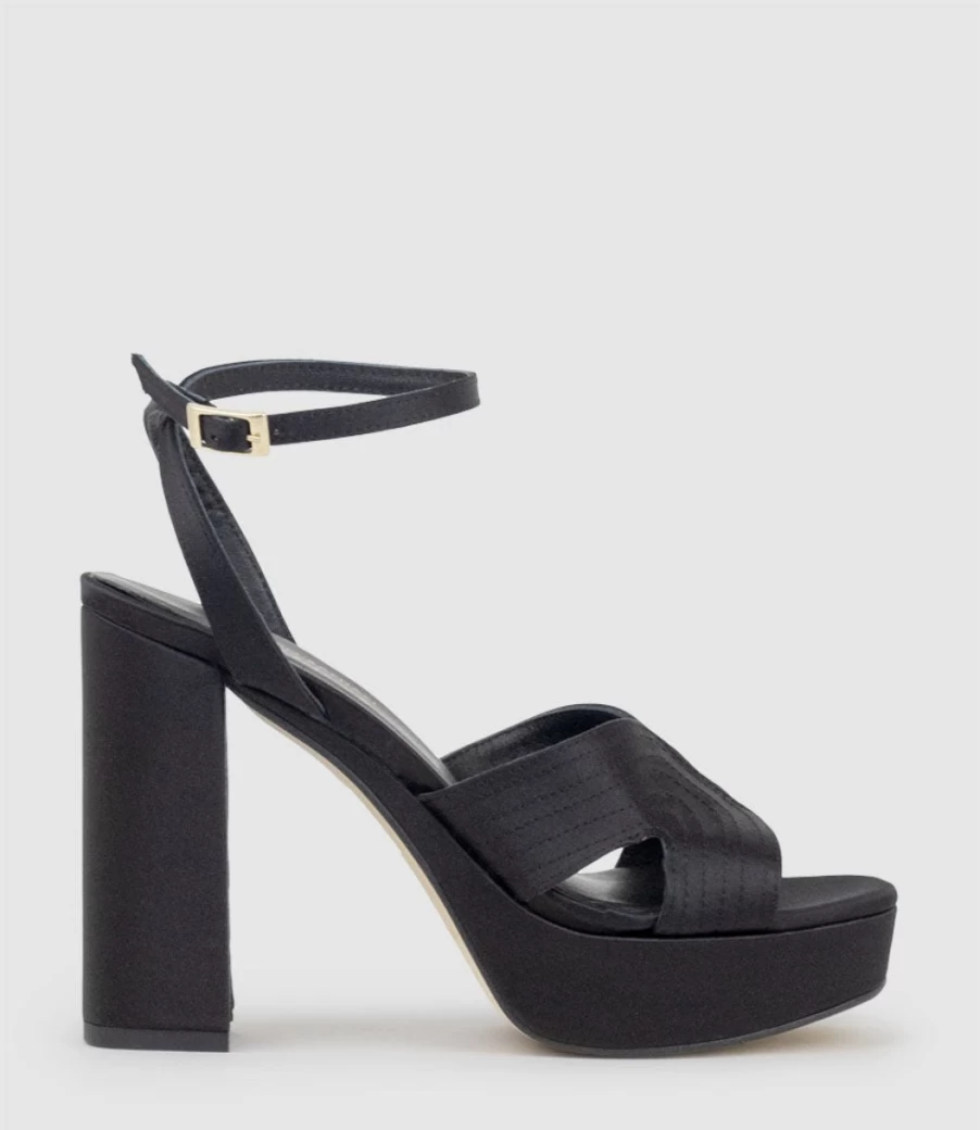 Edward Meller Women's Rosalia100 Black Satin Platform Sandals with Stitched Detail