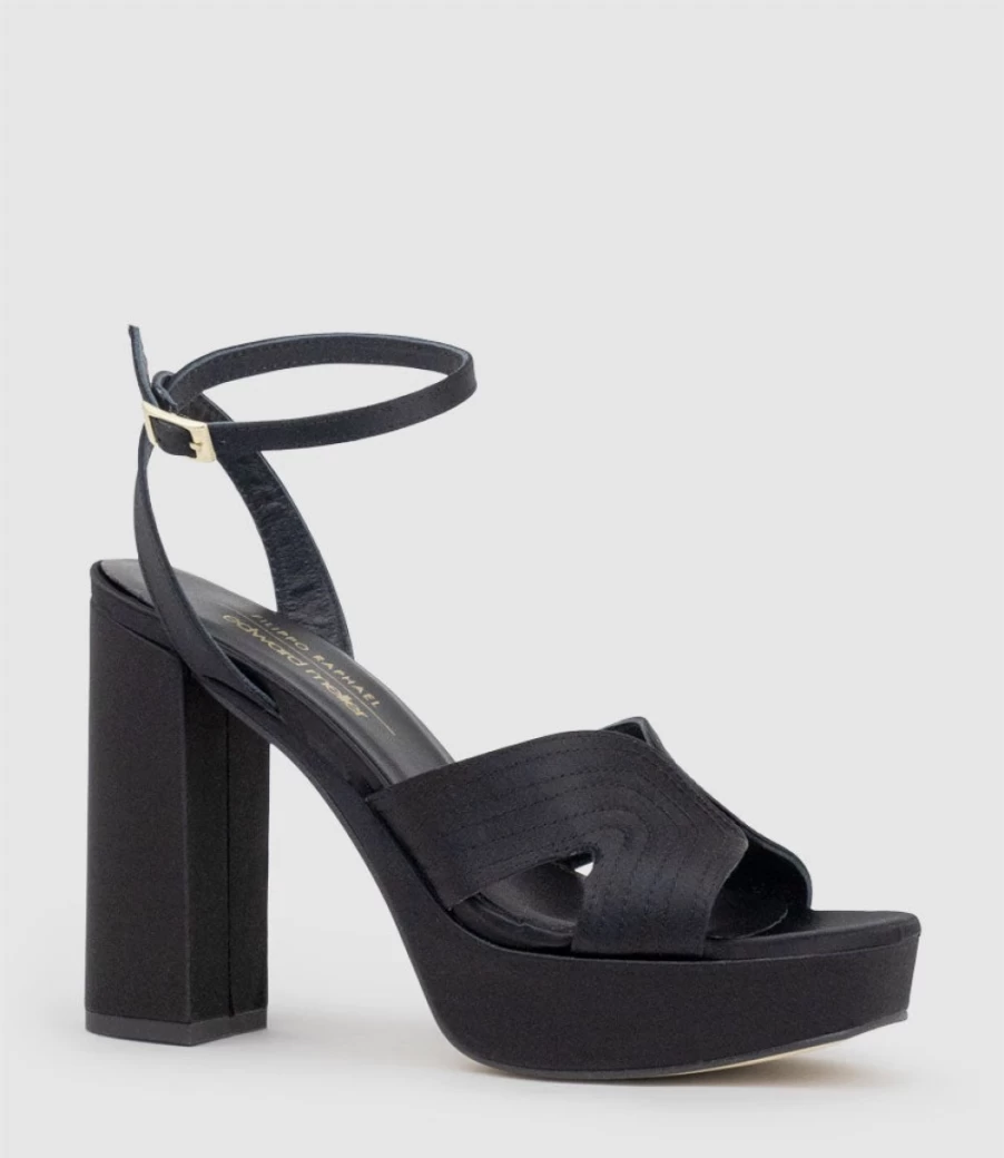 Edward Meller Women's Rosalia100 Black Satin Platform Sandals with Stitched Detail