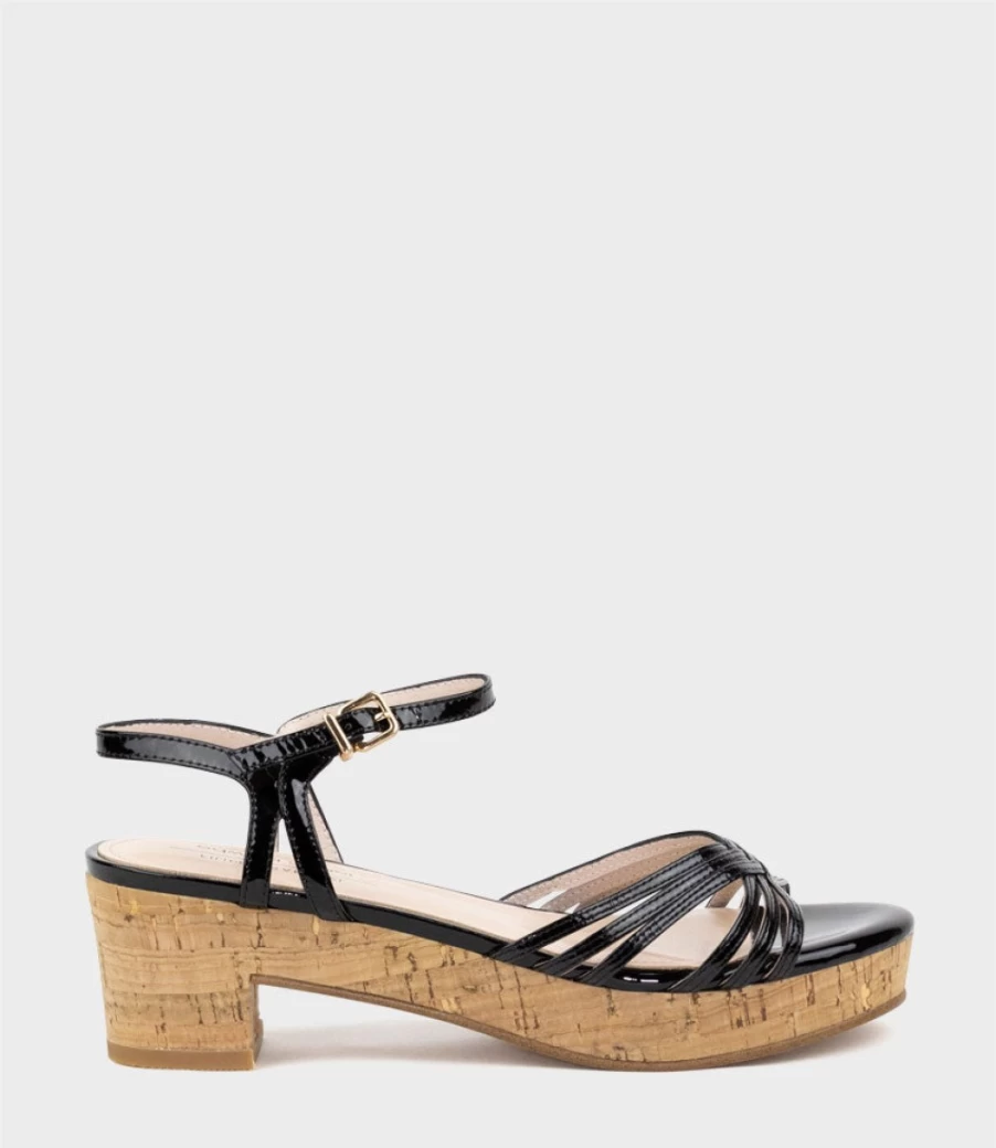 Edward Meller Women's Rania50 Multistrap Black Patent Sandals with Cork Wedge Heel