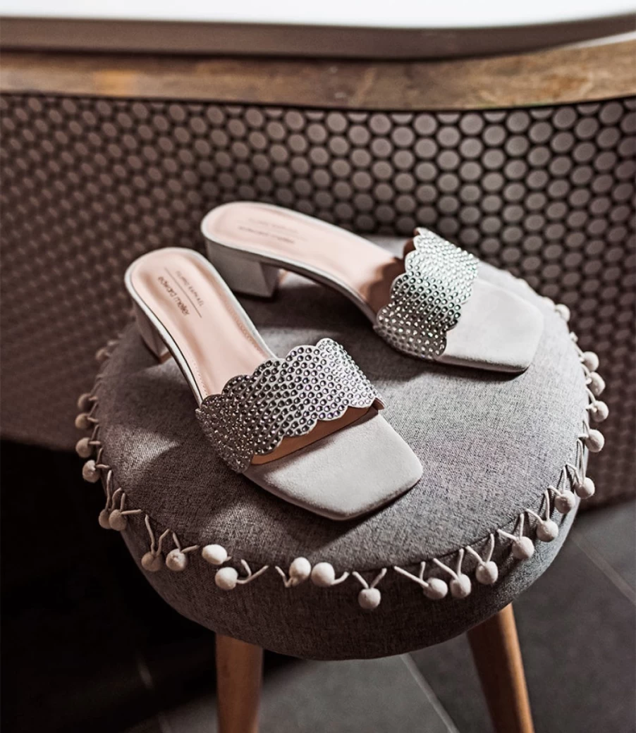 Edward Meller Women's Kyla35 Grey Suede Slide Sandals with Crystal Embellishments