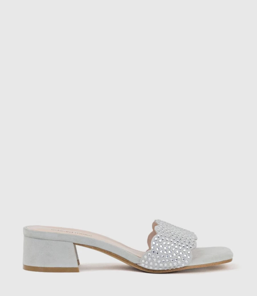 Edward Meller Women's Kyla35 Grey Suede Slide Sandals with Crystal Embellishments