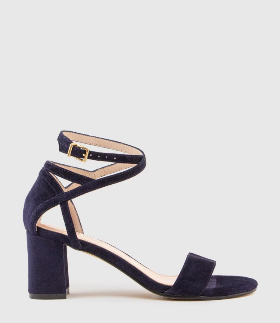 Edward Meller Women's Navy Suede Kenia60 Block Heel Sandals with Hourglass Ankle Wrap