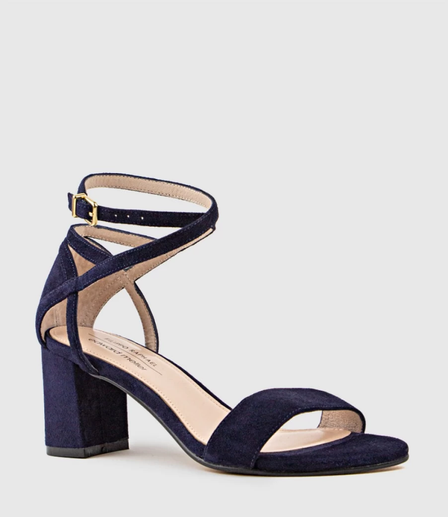 Edward Meller Women's Navy Suede Kenia60 Block Heel Sandals with Hourglass Ankle Wrap